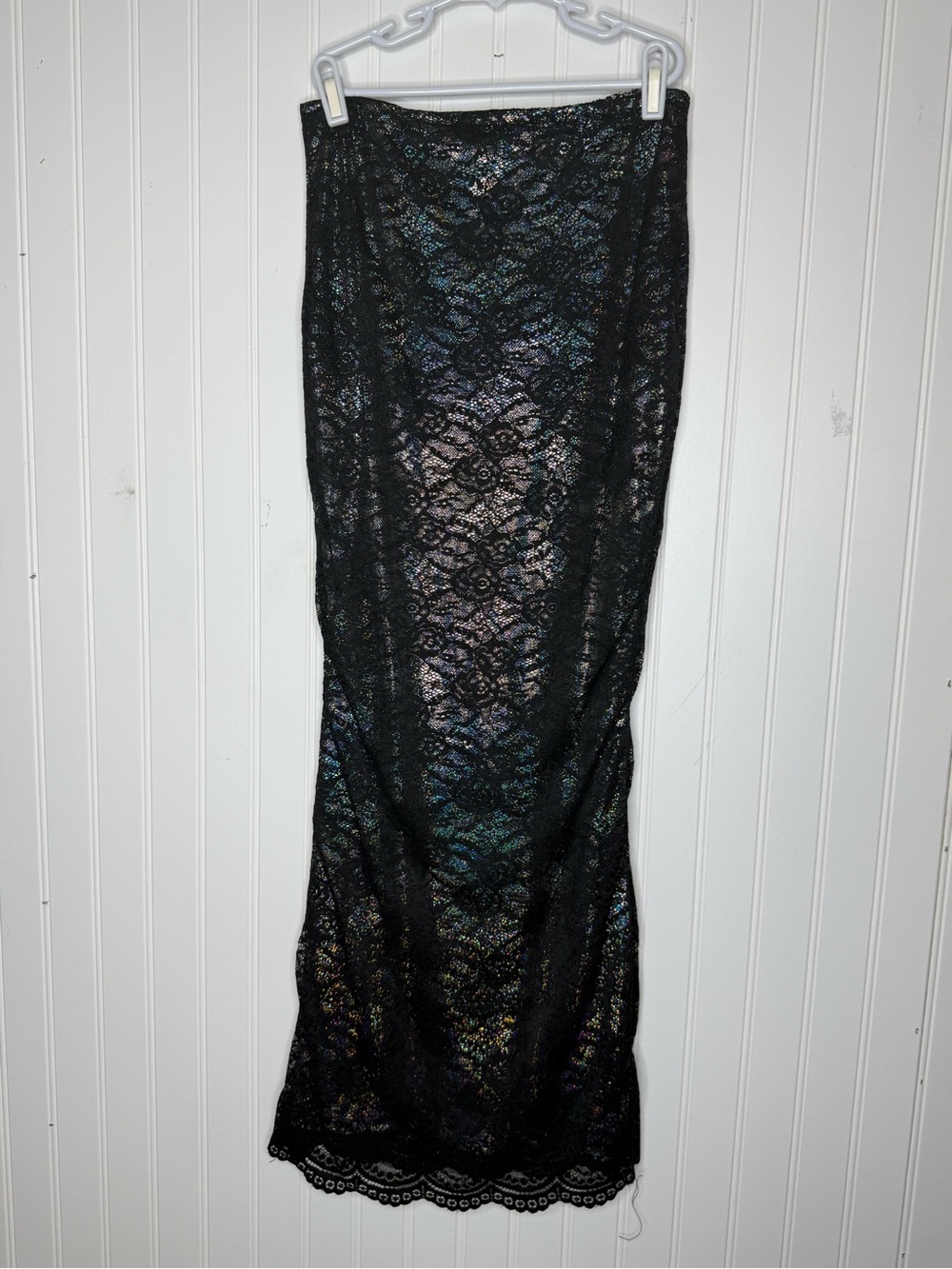 Handmade Lace Over Metallic Holographic Lining Mermaid Midi to Maxi Skirt XS